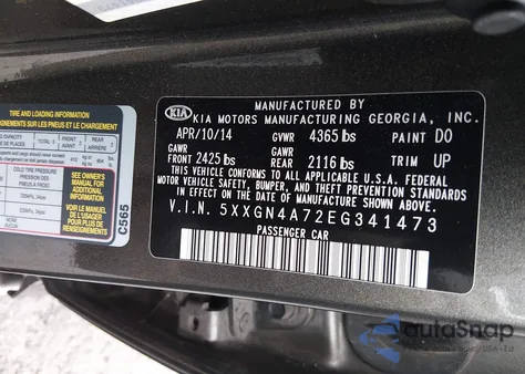 2014 Kia Optima Ex from USA, damaged, VIN 5XXGN4A72EG341473